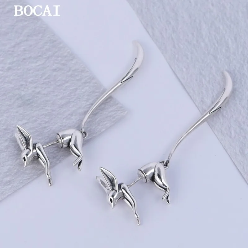 BOCAI New S925 Silver Polished Light Luxury Style Niche Personality Long Tail Fox Women's Earrings