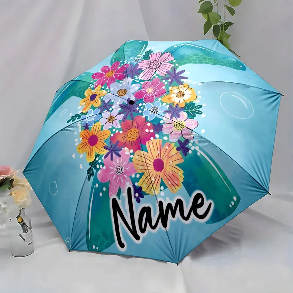 Custom Name  Colorful Floral Turtle Print Umbrella Design Print 8 Iron Ribs Folding Umbrella Auto-Open Fashion Sunshade