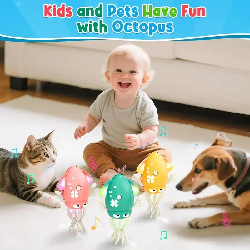 Juguete de pulpo de baile mágico para mascotas, luz eléctrica para gatear y música, juguetes de calamar para niños, desarrollo interactivo, regalos para el tiempo de barriga