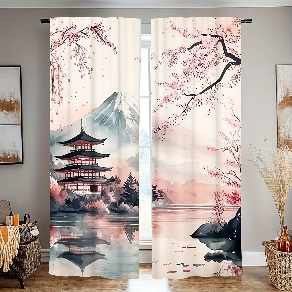 2PCS Japanese Sakura Fuji Curtains for Bedroom Living Room Office Home Decor Rod Pocket Design