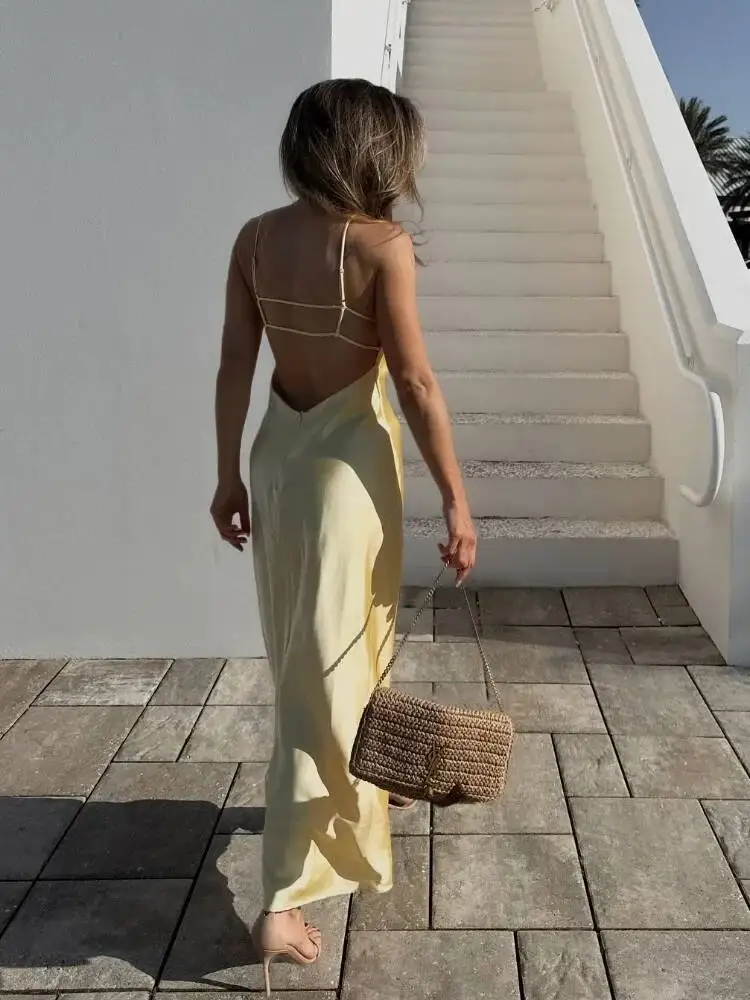 セクシーなイエローサテンのバックレスマキシドレス、女性用エレガントなノースリーブVネック、スリングロングローブ、新作2025、レディースイブニングパーティー、スリムフィットガウン