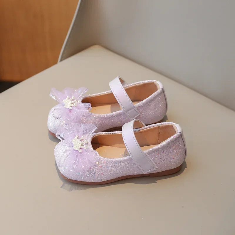 New Sweet Princess Shoes for Girls Glitter Lace Bowknot Children\'s Leather Shoes Fashion Sequins Elegant Kids Flats Single Shoes