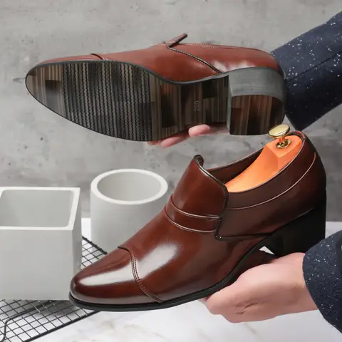 Retro Brown Men's High-Heeled Shoes High-quality Social Shoe Male Pointed-toe Leather Heels Dress Shoes Man chaussure hommes
