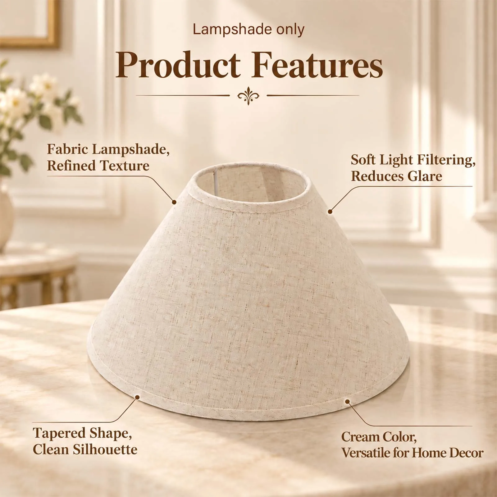 Light Khaki Fabric Lampshade Empire Shape Double-stitched Border Reduces Glare for Bedside Study Living Room