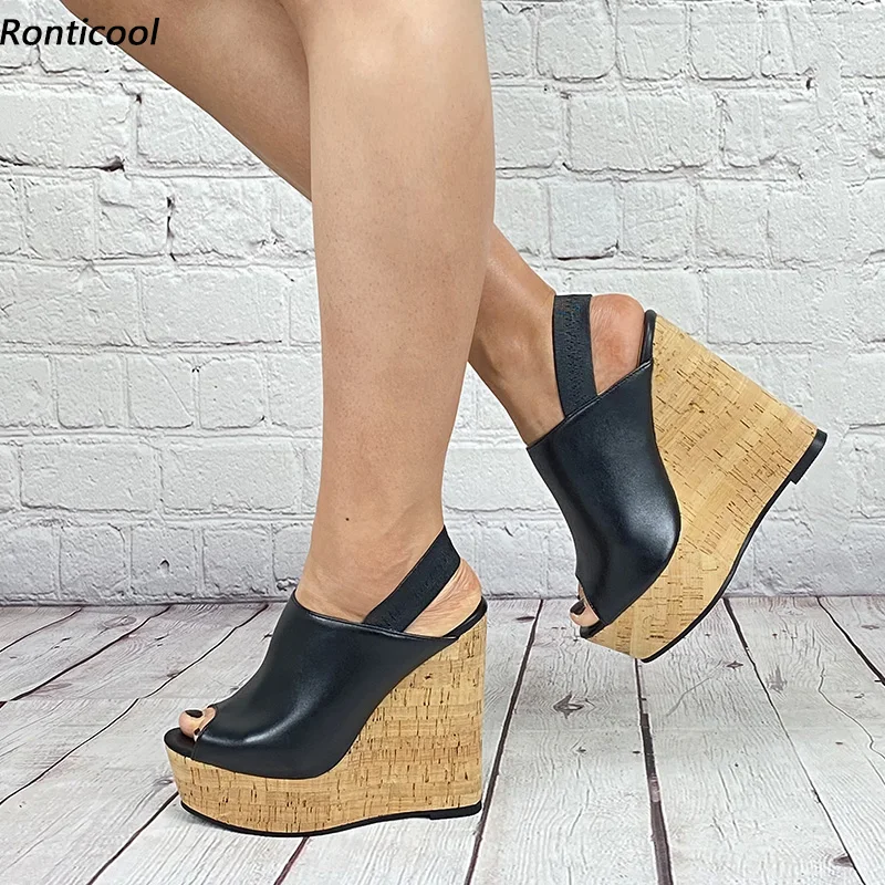 

Ronticool Hot Handmade Women Sandals Unisex Back Elastic Band Wedges Heels Open Toe High Quality Black Party Shoes US Size 5-20