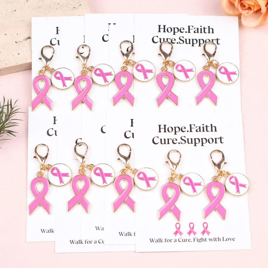 1/5/10/20/50/100pcs s s s Breast Cancer Prevention October Inspirational Pink Ribbon And Magenta Ribbon Keychain Set. 
