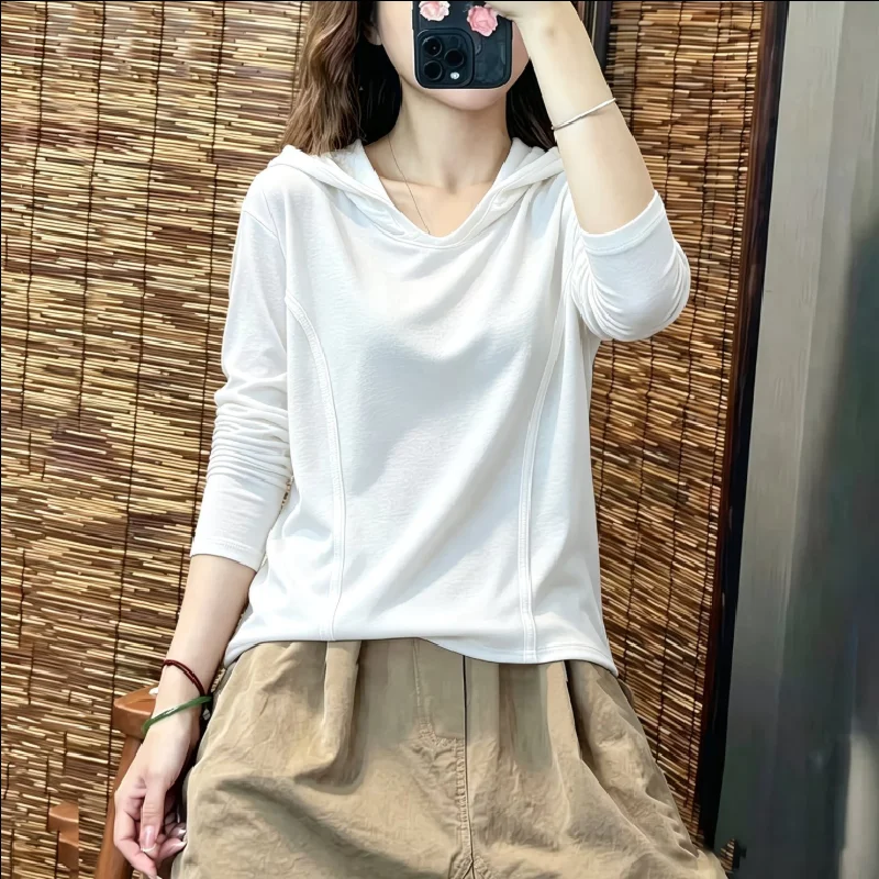 Fall Tshirts Female Hooded T-Shirt Long Sleeve for Women Solid Color Line Hidden Flesh Design Versatile Sweatshirt Top Vneck Tee
