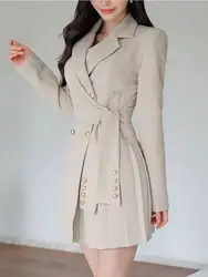 Autumn Short Blazer Dress For Women Double-breasted Lace-up Slim Mini Dress Vestidos Elegant OL Work Wear Woman Clothing
