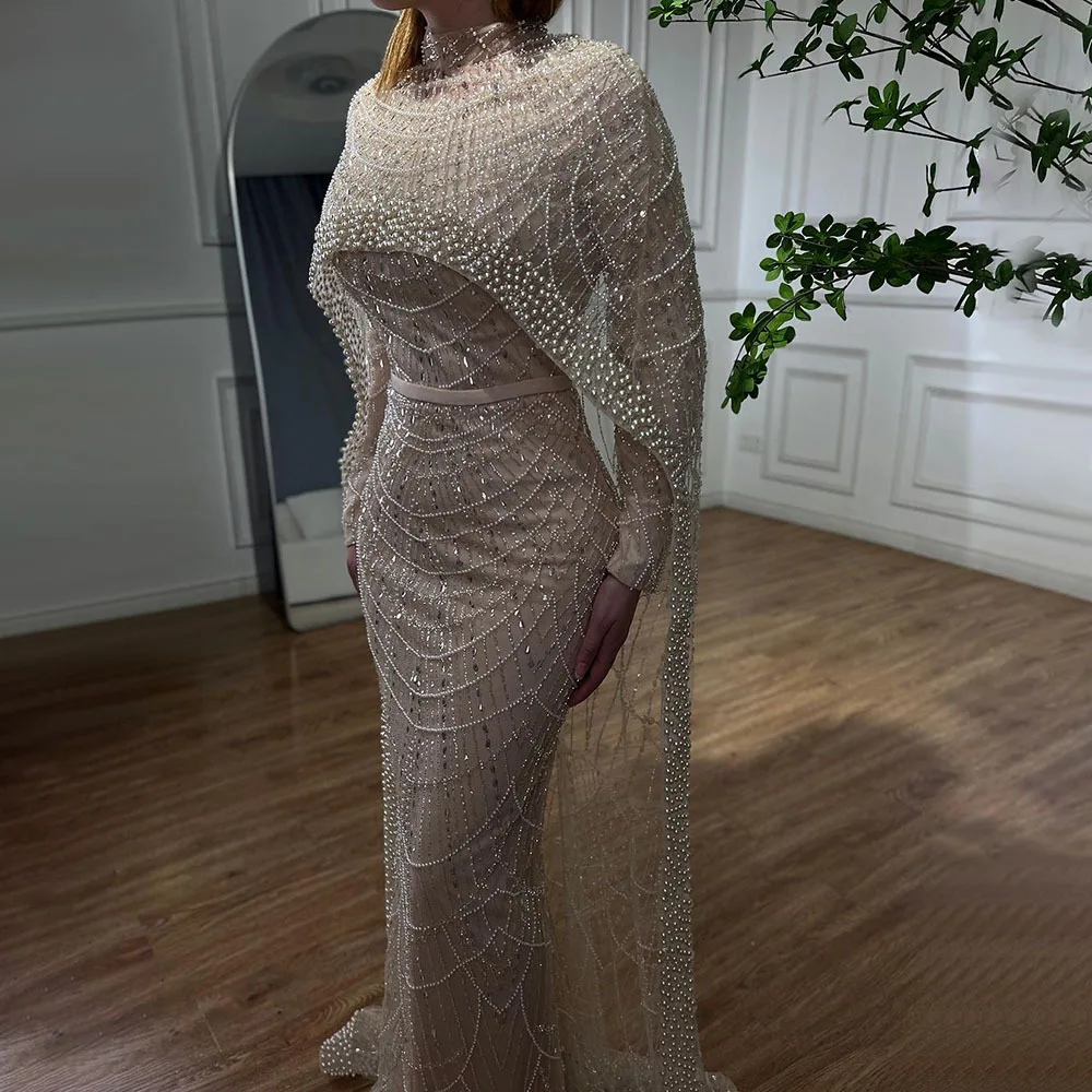 

14 Color 2024 Embroidered Beaded Pearl Crystal Evening Dress Luxuriou Rhinestone Dubai Mermaid Long Sleeve Party Gown With Cloak