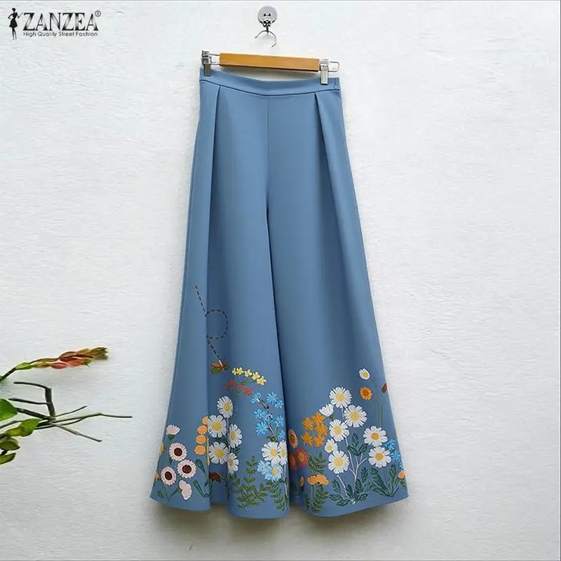 ZANZEA Vintage Lange Hosen Frauen Fashion Floral Print Breite Bein Hosen Frühling Beiläufige Lose Hohe Taille Elastische Taille Pantalons