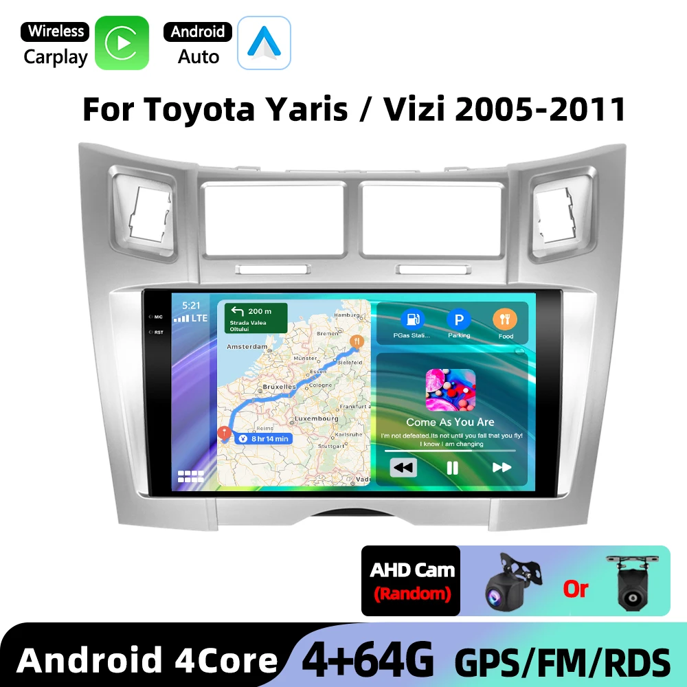 Podofo voor Toyota Yaris/Vizi 2005-2011 Draadloze CarPlay voor Apple Android Auto autoradio GPS FM WiFi BT Multimedia Stereo EQ