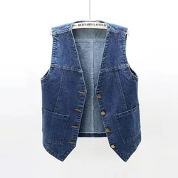 2025 Spring Summer new Fashion V-Neck Denim Vest Women Short Sleeveless Jacket Casual Single-Breasted Jean Waistcoat Female T382