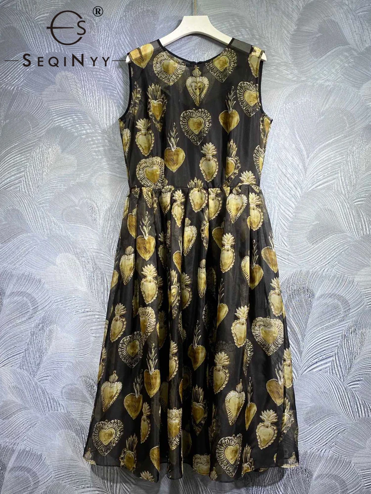 

SEQINYY 100% Silk Black Dress Summer Spring New Fashion Design Women Runway Vest A-Line Vintage Gemstone Print Casual Holiday