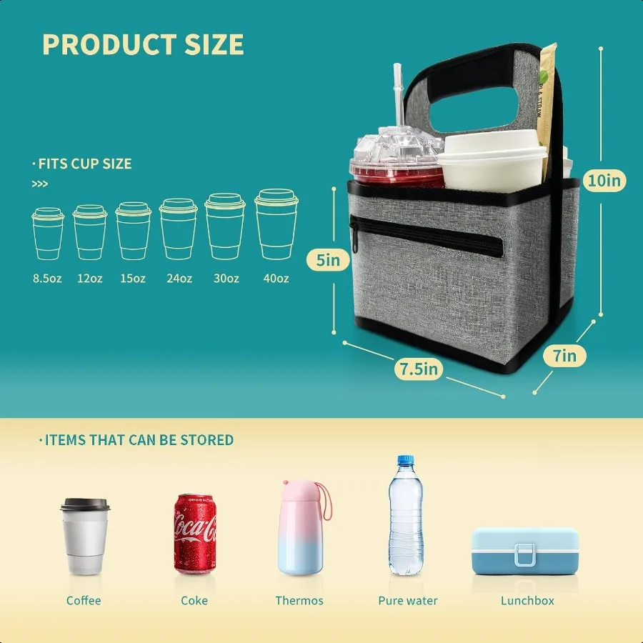 Porta-copos de café ou latas reutilizáveis, suporte para copos, alça, sacola, suporte para bebidas com 2 bolsos organizadores para bebidas quentes e frias
