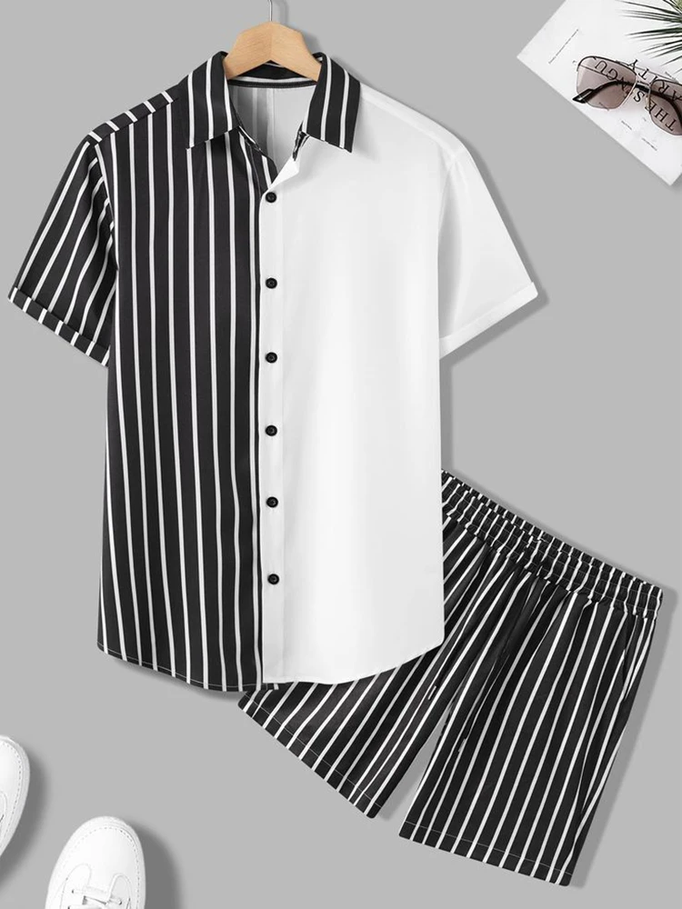 Summer Short Sleeve Shirt And Beach Shorts Men\'s Suit Everyday Casual Men\'s Short Sleeve Shirt Outdoor Street Stripe Men\'s Short