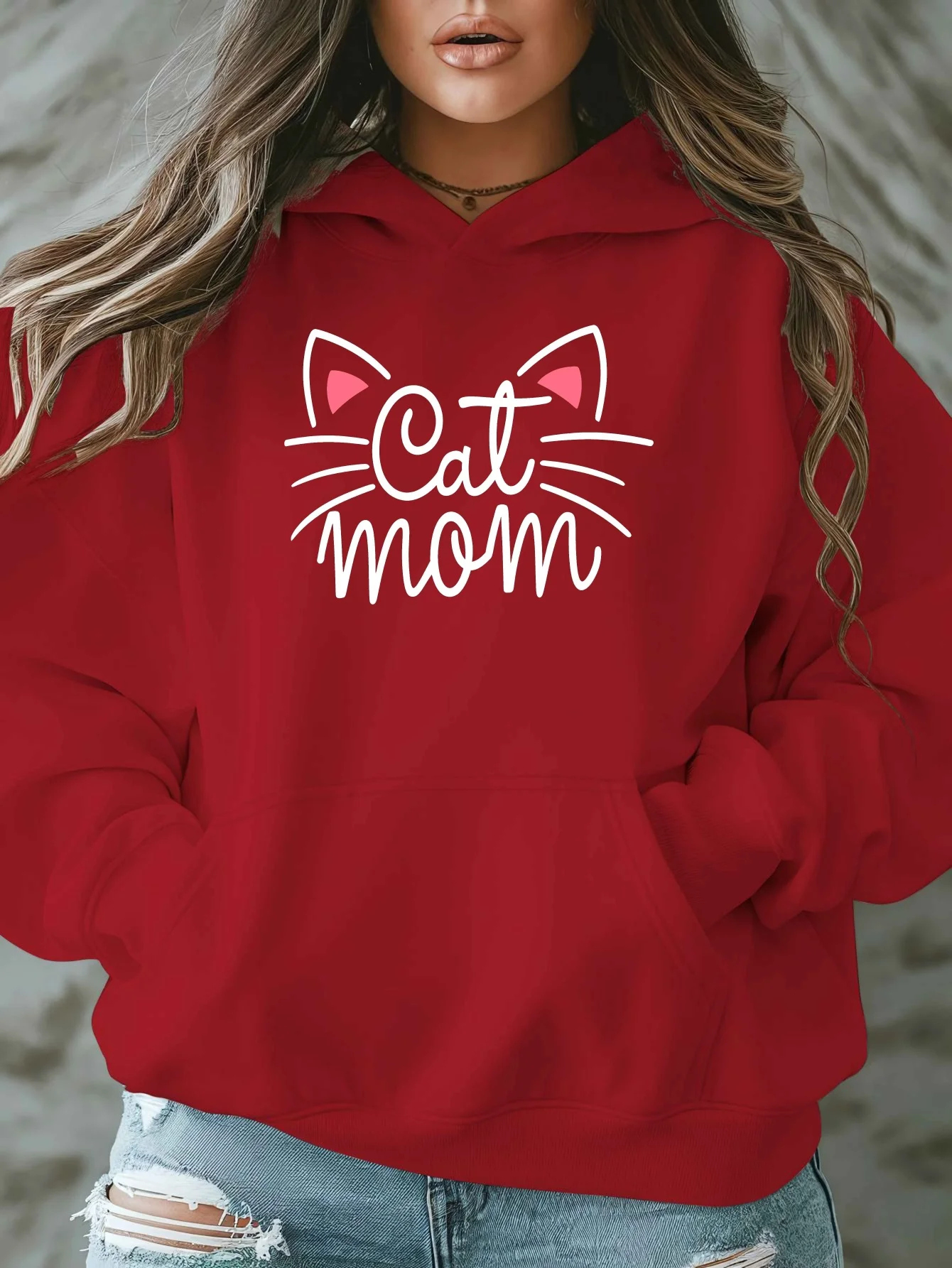 Women's Plus-size Casual Hooded Sweatshirt Cat Mom Pattern Design Autumn and Winter Fleece Streetwear Oversized Loose Casual