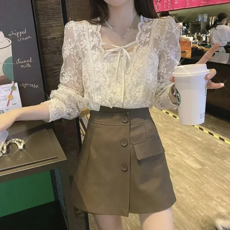 New French Square Collar Apricot White Lace Blouse Autumn Casual Loose Tops Sweet Puff Long Sleeve Lace-up Shirt Blusas 17442