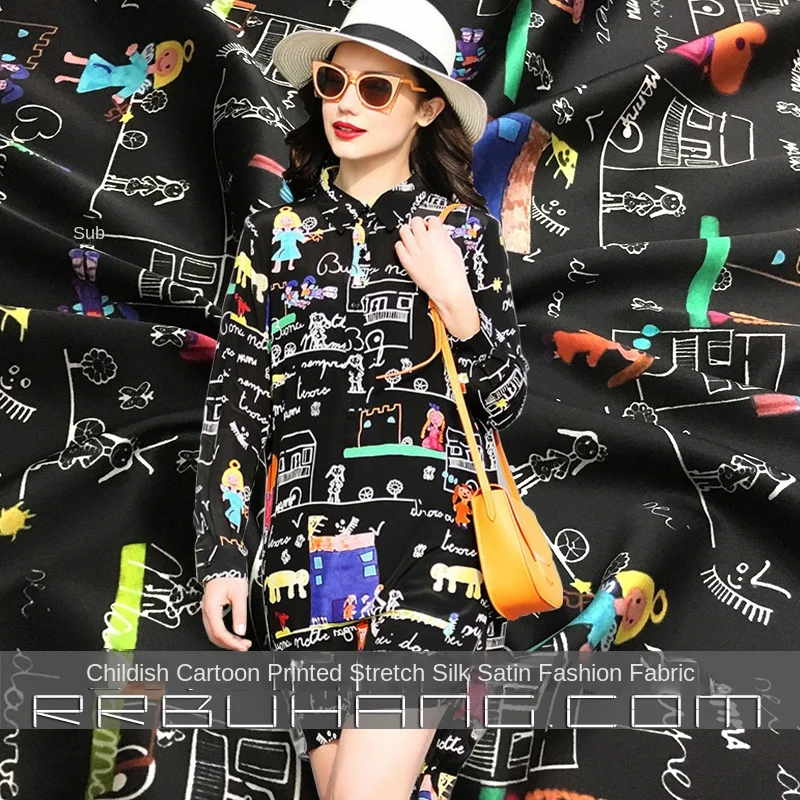 Cartoon Printed Graffiti Silk Stretch Satin Fabric for Dress Shirt Fashion Spring Summer Cloth Diy Sewing  Material Per Meter