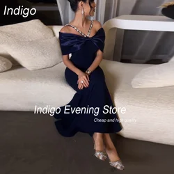 Indigo Evening Dress V-Neck Mermaid Off The Shoulder Open Back Beading Party Prom Gown Formal Occasion فساتين السهرة Customized