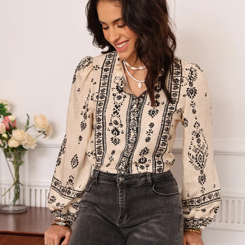 

Французская модная рубашка с принтом в стиле ретро, женская рубашка с длинным рукавом и воротником-стойкой, темпераментная элегантная рубашка, женские весенние и летние топы