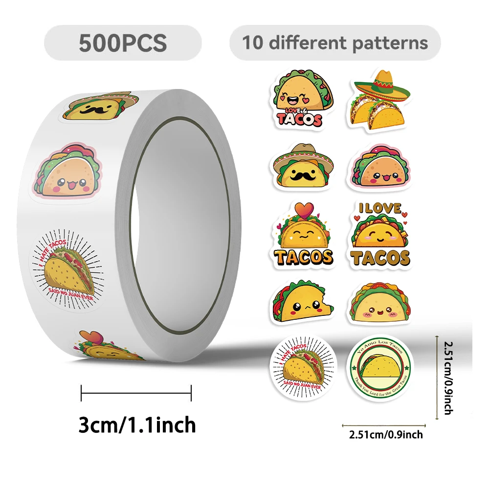 500PCS Cartoon Taco Stickers Roll Mexican Food Themed Waterproof Vinyl Decals Cute Taco Pattern Sticker for Water Bottles Laptop