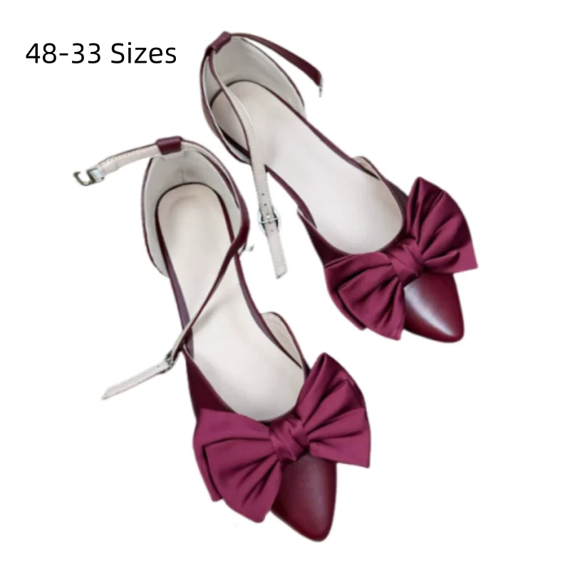 Sandalias planas de seda con lazo y correa de hebilla para mujer, zapatos de tacón cubierto con punta fina y delicada, en negro, beige y vino, para pies estrechos, tallas 48 y 47.