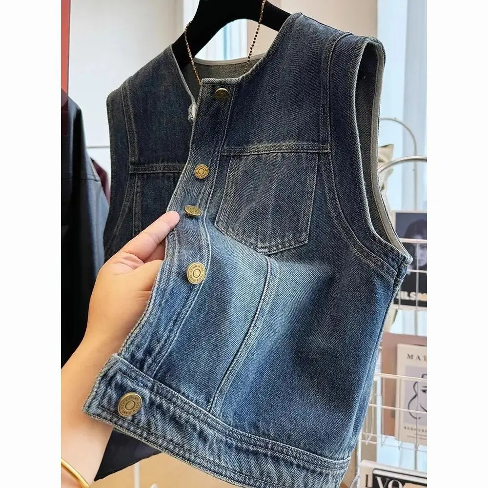 Vintage Denim Vest Women New Round Neck Loose Fit Slimming Waistcoat Fashion Sleeveless Top Casual Versatile Outerwear Jacket