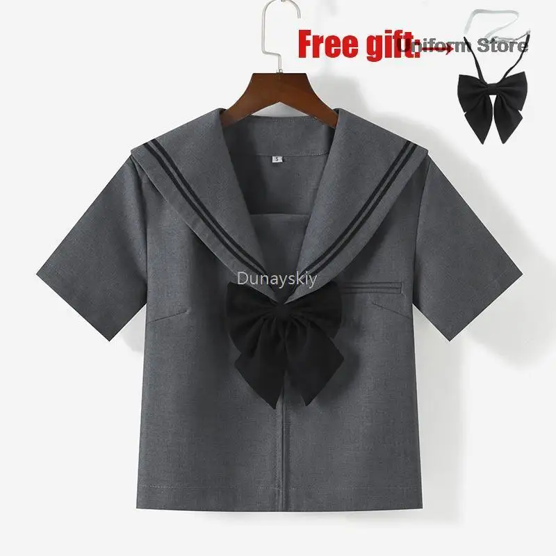 Japanese Student JK School Uniform Summer Sweet gray Uniform Set Vintage Cute Girls Navy gray Shirt  Skirt Set