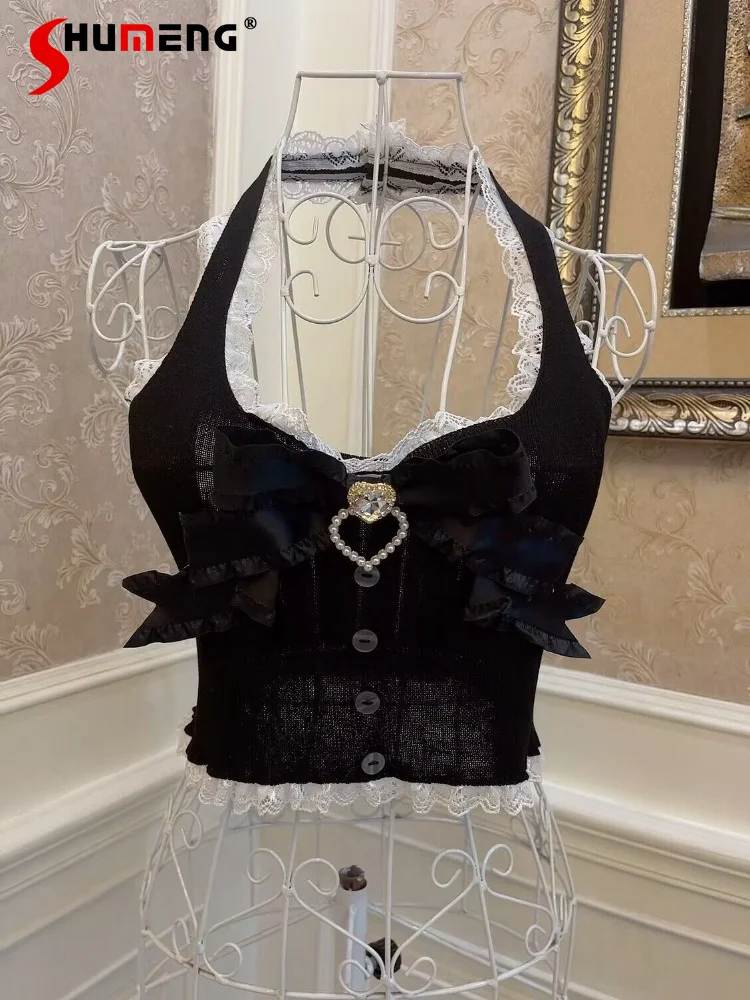 

Lolita Ruffled Lace Bow Butterfly Love Diamonds Corset Top 2023 Summer Slim Fit Umbilical Halterneck Short Strap Vest Tops Woman