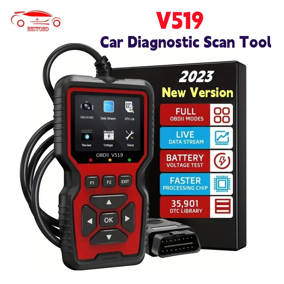 プロのメカニック診断コードリーダーツール,ライブデータ,チェックエンジン,バッテリー電圧テスト,OBD2スキャナー,v519