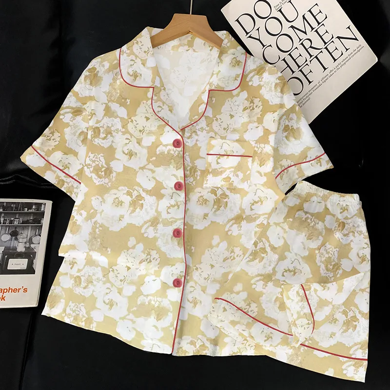 

New Ladies Ice Silk Pajamas Girls Summer Senior Retro Luxury Floral Print Homewear Short-Sleeved Suit Women's Summer Clothing