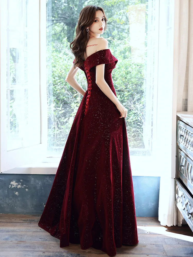 Burgundy Vintage Velvet Evening Dress Elegant Off-The-Shoulder Sequined A-line Formal Banquet Dresses Vestido De Noche