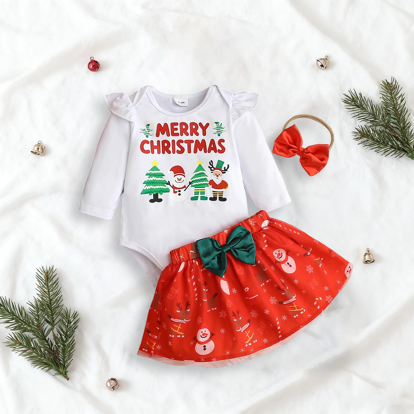 طفلة عيد الميلاد الزي طويلة الأكمام رومبير القوس الجبهة تنورة عقال مجموعة ملابس الوليد