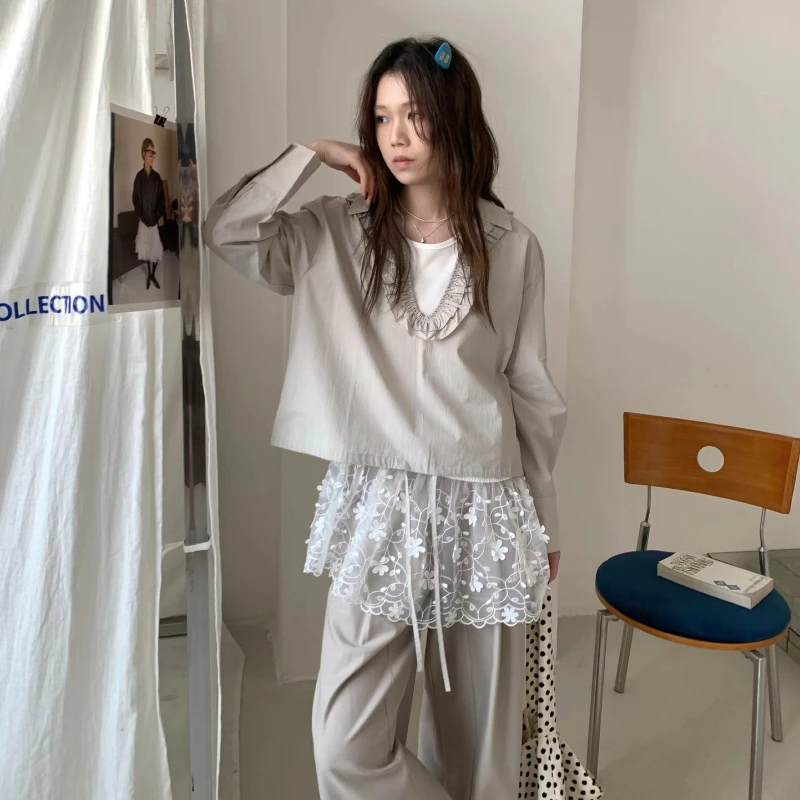 

Design Sense Lace Lapel Hem Drawstring Shirt Spring New Korean Versatile Casual Top Women