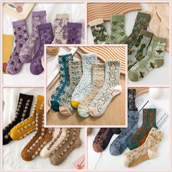 25 Muster Vintage Harajuku Retro Stickerei Frühling Frau japanische Kawaii süße Socken ethnische Lolita Spitze Blume Crew Mode