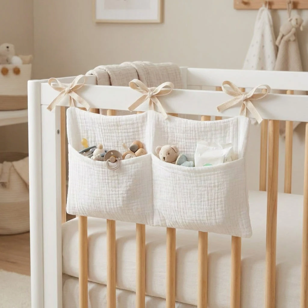 Babybett-Organizer Hängende Aufbewahrungstasche aus Musselin-Baumwolle Windel-Caddy Kinderzimmer Bettseitentasche Hängende Tasche mit Bändern Neu – Detail 1