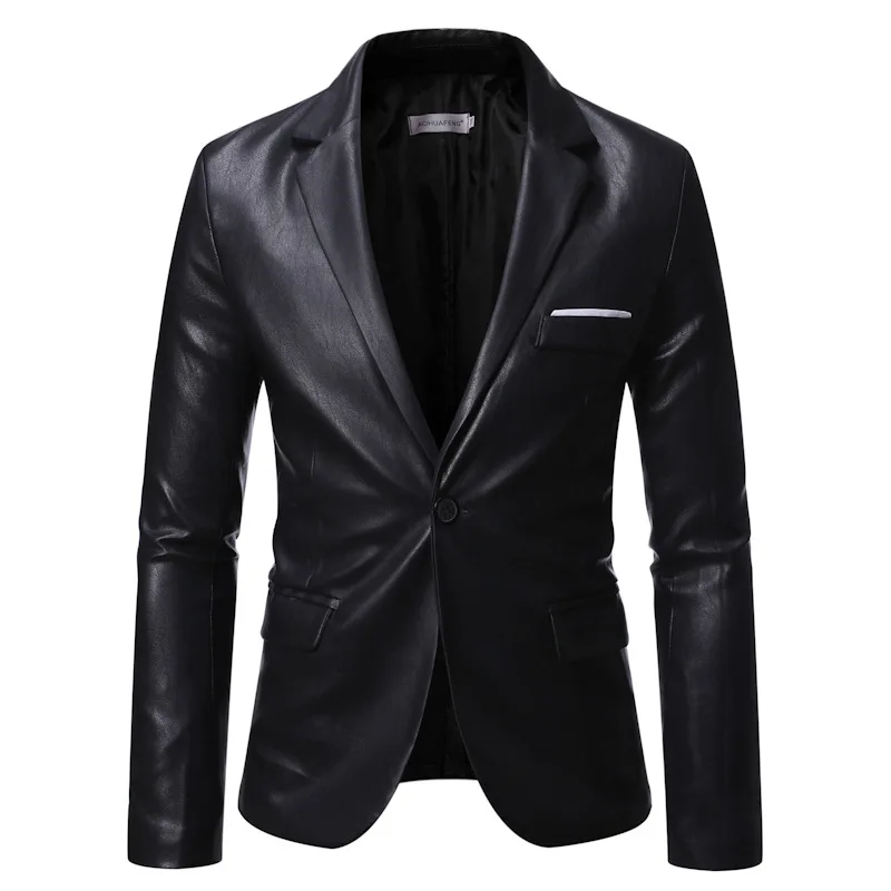 Men\'s suit jacket casual Korean style slim fit business wear PU leather blazer