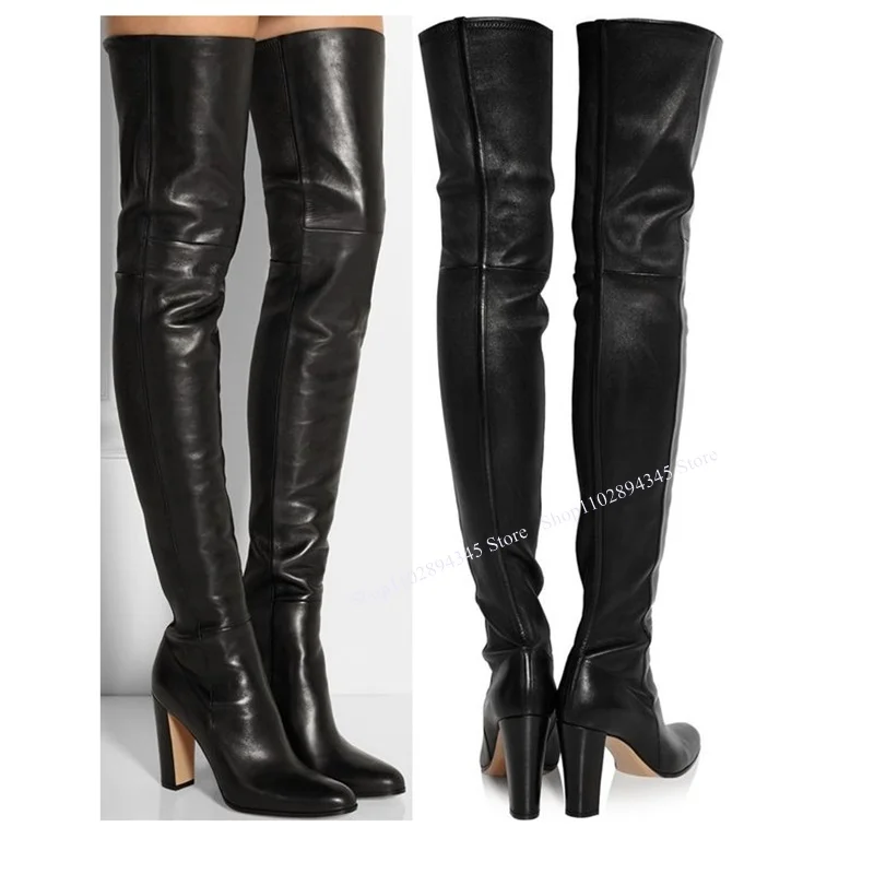 

Black Over Knee High Boots Chunky Heel Square Toe Novel Style Fashionable Sexy Woman Shoes Winter Party Zapatillas Mujer