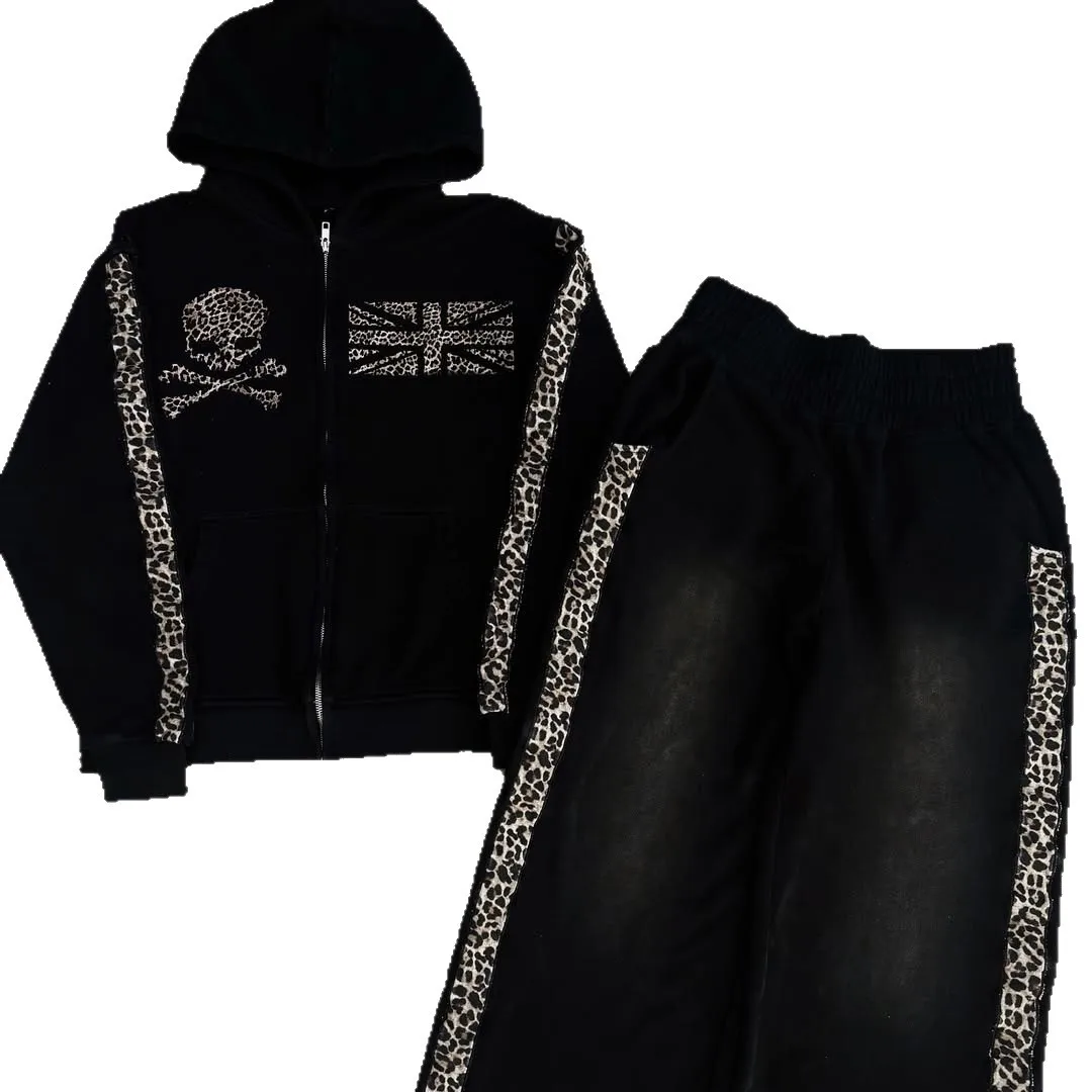 2026 ربيع جديد ليوبارد نمط تصميم موضة الاتجاه سستة ملابس رياضية وسراويل مجموعة مقنعين سترة الشارع موضة y2k