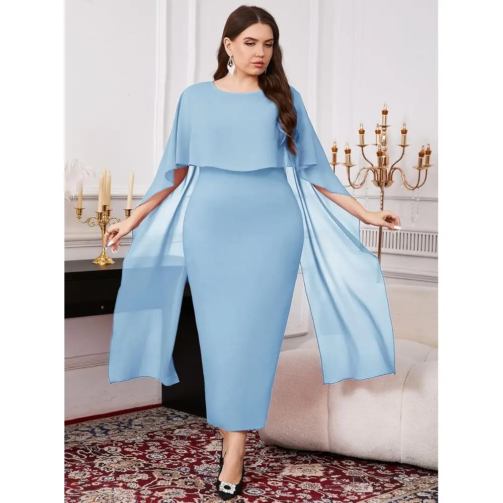 Vestido maxi elegante com capa de chiffon para casamentos plus size e eventos de coquetéis