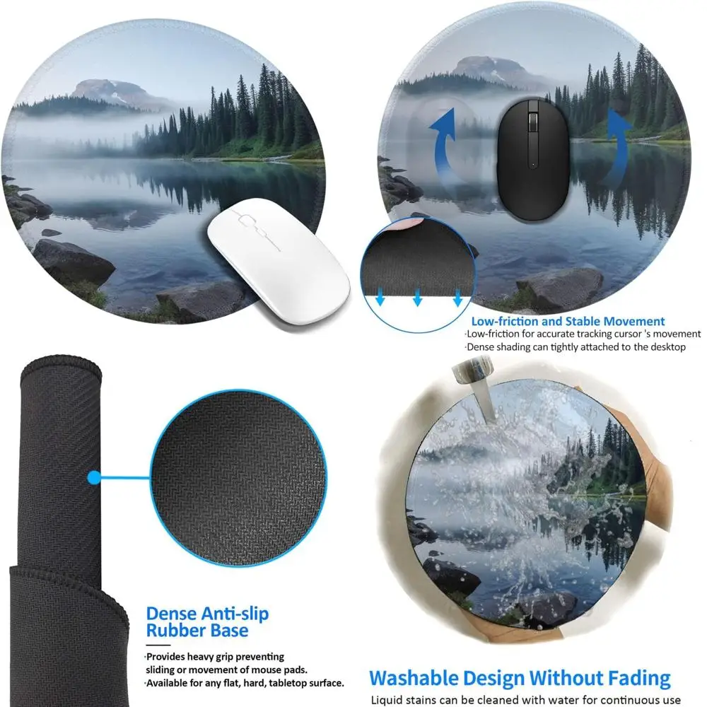 

8-Inch Waterproof Gaming Mouse Pad with Stitched Edges and Non-Slip Rubber Base, Featuring Foggy Lake and Mount Rainier Scenery