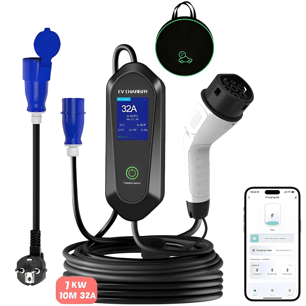 

2025 Portable EV Charger Charging Cable CEE With LCD Display 32A 7KW 10M Single-Phase 3PIN With Bluetooth APP 16A Adaptor Cable