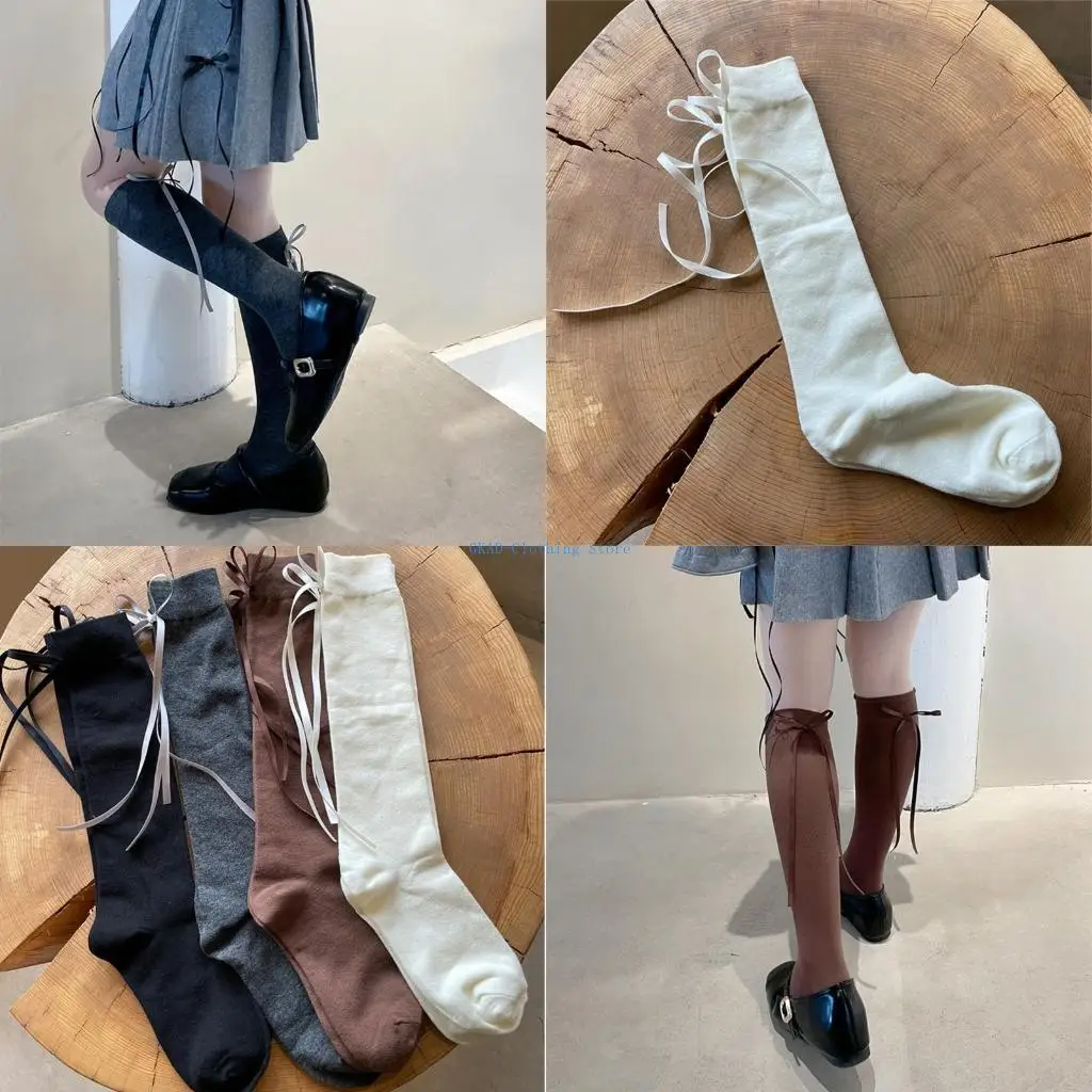 

N0PE Cotton Long Socks with Bows Embellishment for Modern Women Knee Length Stockings