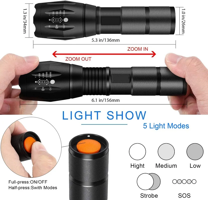 Pocketman LED Flashlight Aluminum Alloy Tactical Flashlights Waterproof Torch Telescopic Zoom Flashlight High Lumen Torches