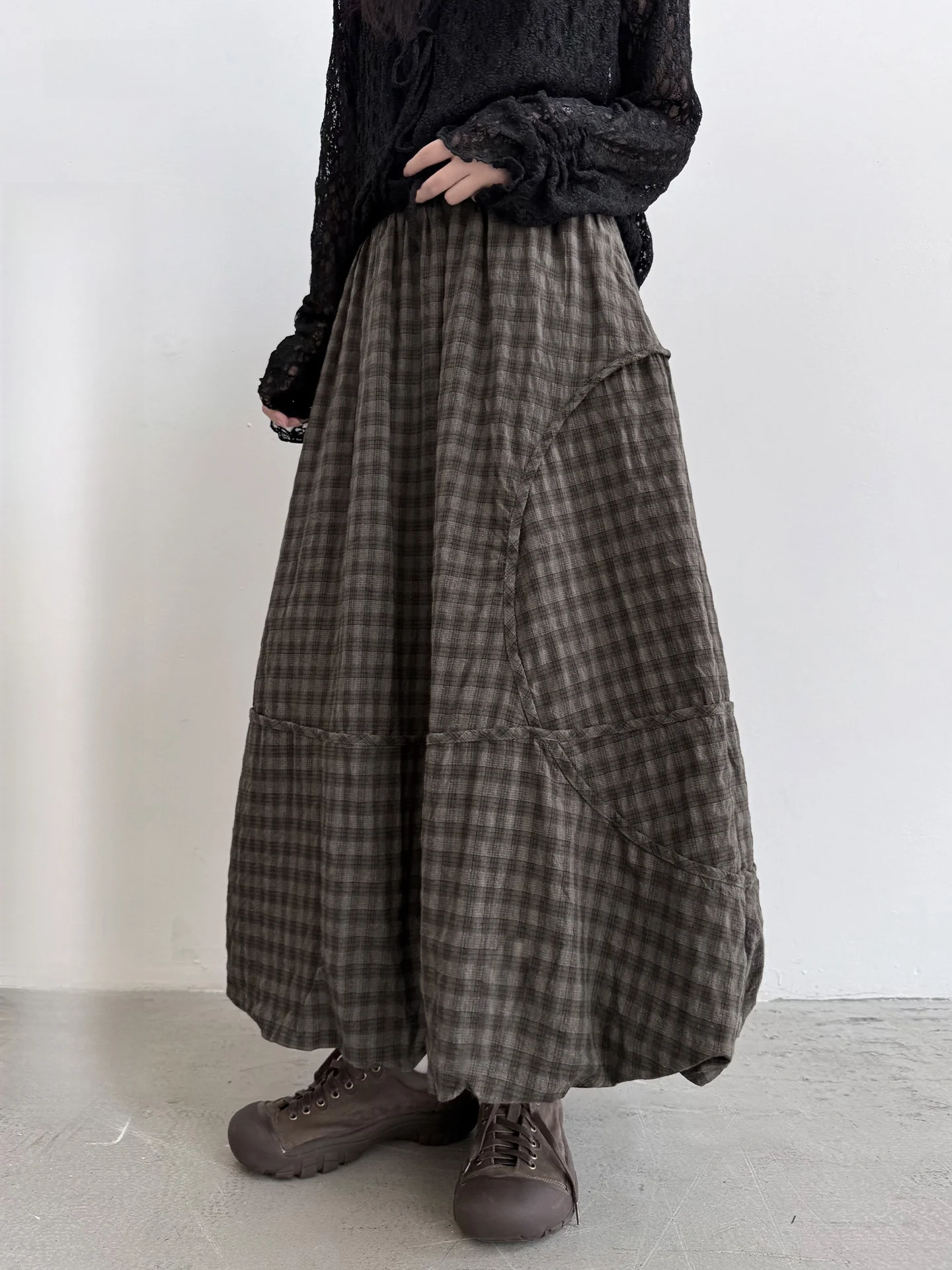 Loose Fit Plaid Half Skirt Commute Floral Bud Texture Women's mid Waist Cotton Bumple Skirt Land And Mountain Island