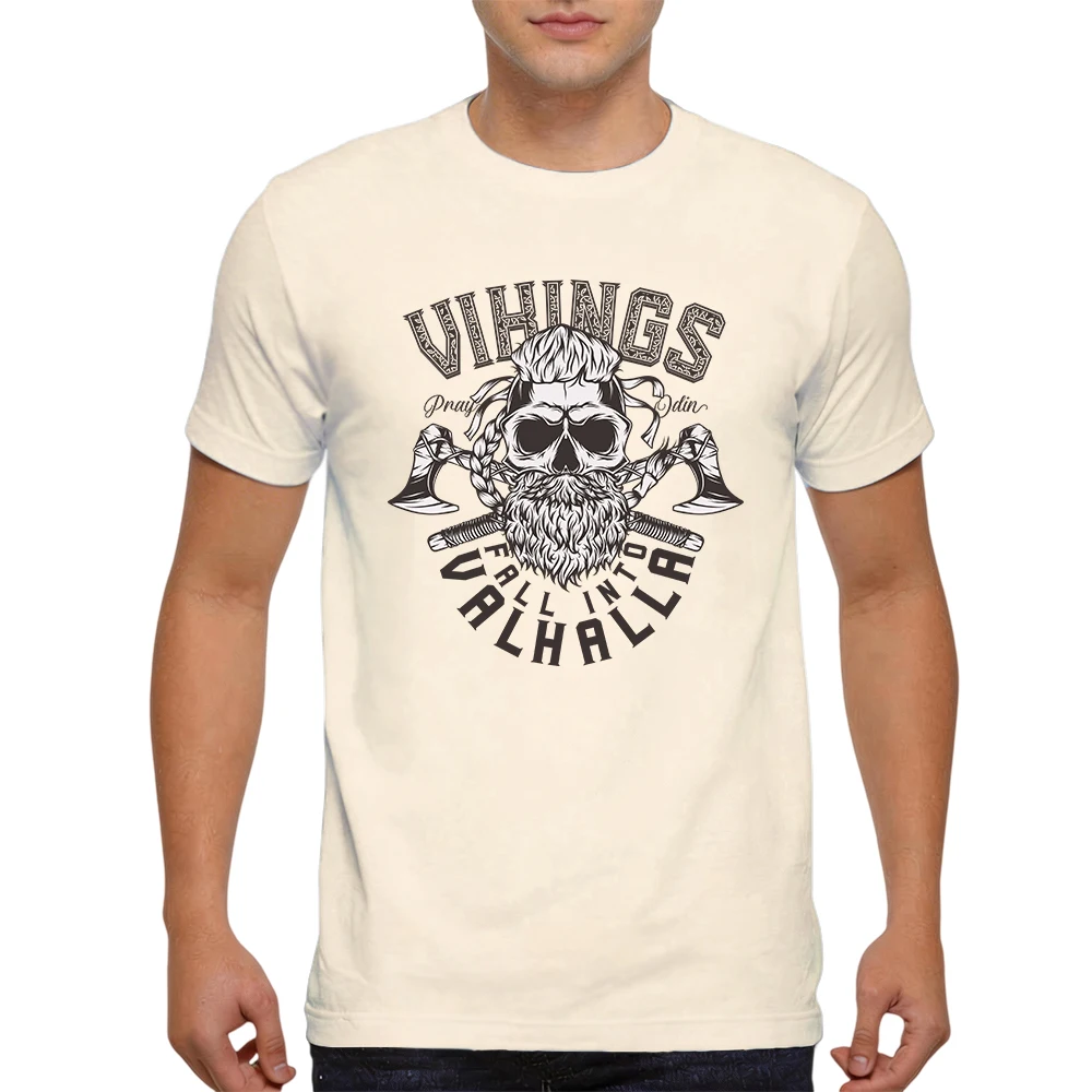 Mens 100% Cotton T Shirt Vikings Pray Odin Fall Into Valhalla Skull Beard Axe Tattoo Print Breathable Short Sleeve Daily Wear