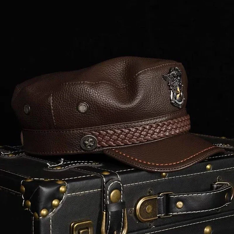 Retro Military Cap Man Genuine Leather Flat Top Hat Fashion Eagle Mark Braid Leather Punk Black/Brown Locomotive Casquette