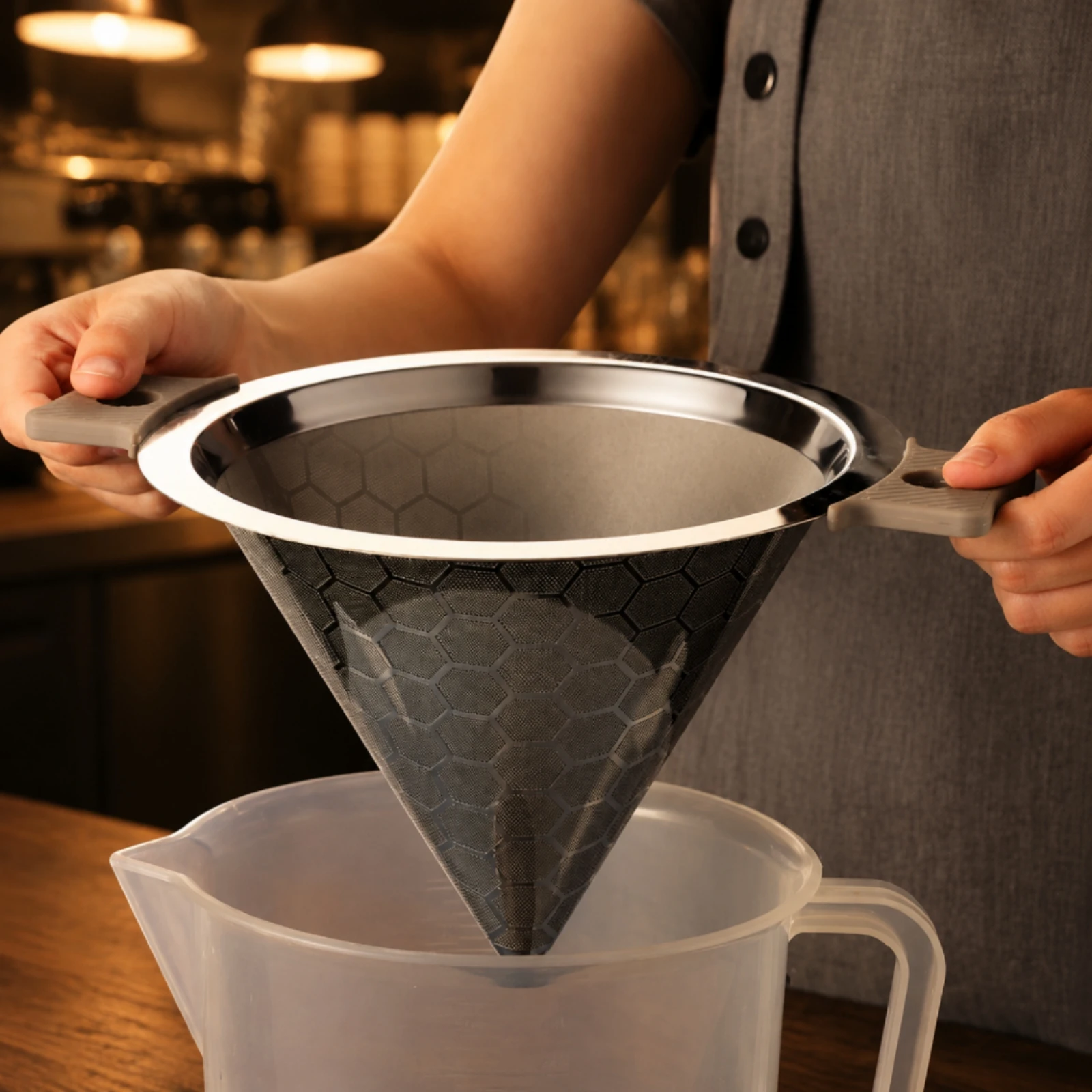 Reusable Milk Tea Strainer Double Handles Stainless Steel Tea Strainer Double Handle Cone Strainer Hexagonal Design for Baristas