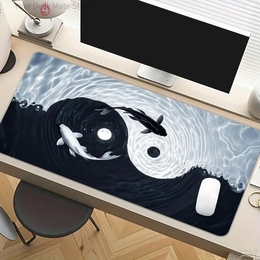Grand tapis de souris avec motif Yin-Yang Koi, tapis de bureau antidérapant, accessoires pour ordinateur, tapis de jeu pour clavier, tapis souris