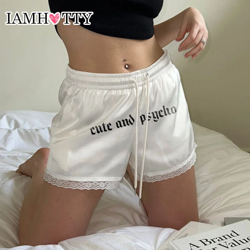 

IAMHOTTY y2k Letter Print Shorts Women Elastic High Waist Lace Stitching Loose Hot Pants Casual Basic Bottoms Home Streetwear